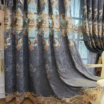 

Navy Blue Living Room European Chenille Curtain Water Soluble Hollow Embroidery Curtain Fabric Custom Luxury Home Decor M121#4