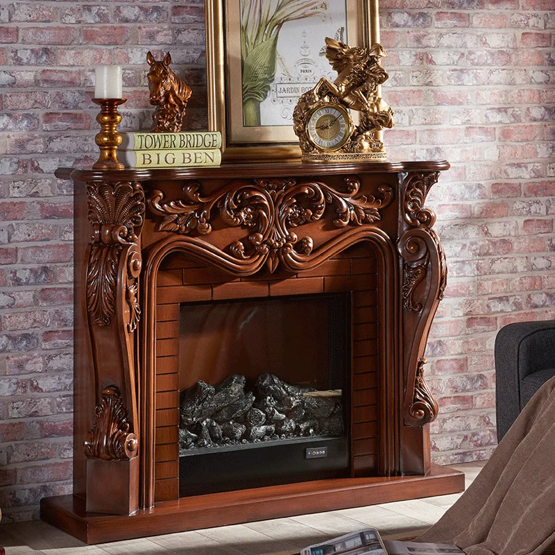 European Fireplace Set Carved Wood Mantel W120cm plus Electric Firebox Insert Living Room Decor LED Optical Flame Decoration