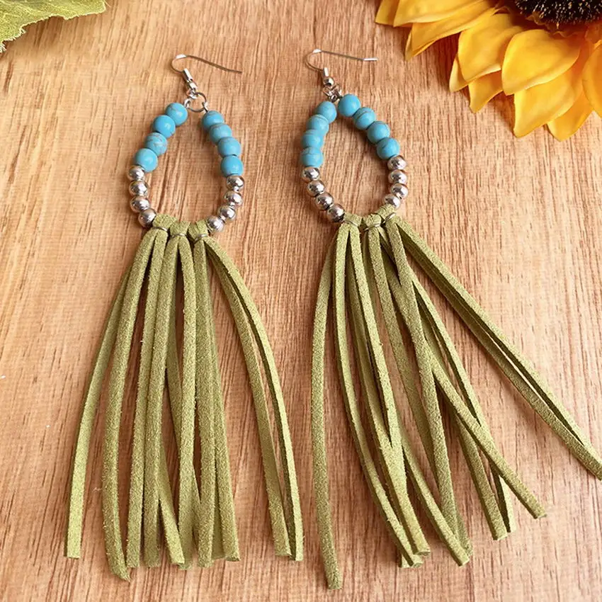 Open Turquoise Wood Beaded Teardrop Velvet Suede Tassel Fringe