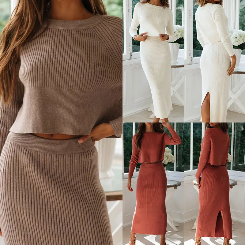 

Women O Neck Knitted Suit Solid Long Sleeve Sweater and Skirt Two Piece Set Outfits Pencil Skirt Women Knitted Tracksuit