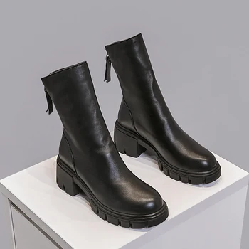 

2020 New Genuine Leather Women Ankle Boots Back Zipper Square High Heel Thick High Heels Women Shoes Party Casual Shoes Woman