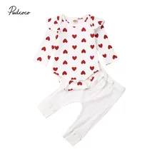 Брендовые милые топы; трикотажная одежда для девочек, комплект из 2 предметов, одежда для детей и малышей с принтом «сердечки» для маленькой девочки одежда для детей комбинезон с кружевным гофрированным воротником комплекты из футболки и штанов, зимняя Осенняя Толстовка