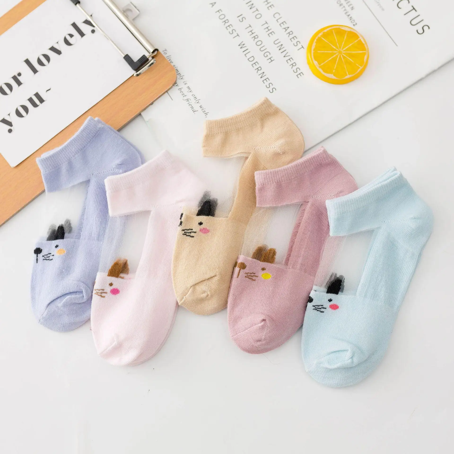 5PC Children's Socks Spring And Summer Cotton Mesh Cartoon Baby Socks Candy-colored Cute Back Embroidered Boat Socks - Цвет: 5PC Style6