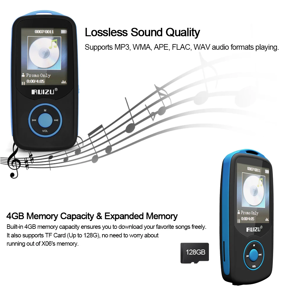 Ruidu X06 Bluetooth MP3/MP4 плеер без потерь 4 Гб музыкальный плеер FM Радио перекодирование ж/TF слот для карт 1,8 дюймов экран