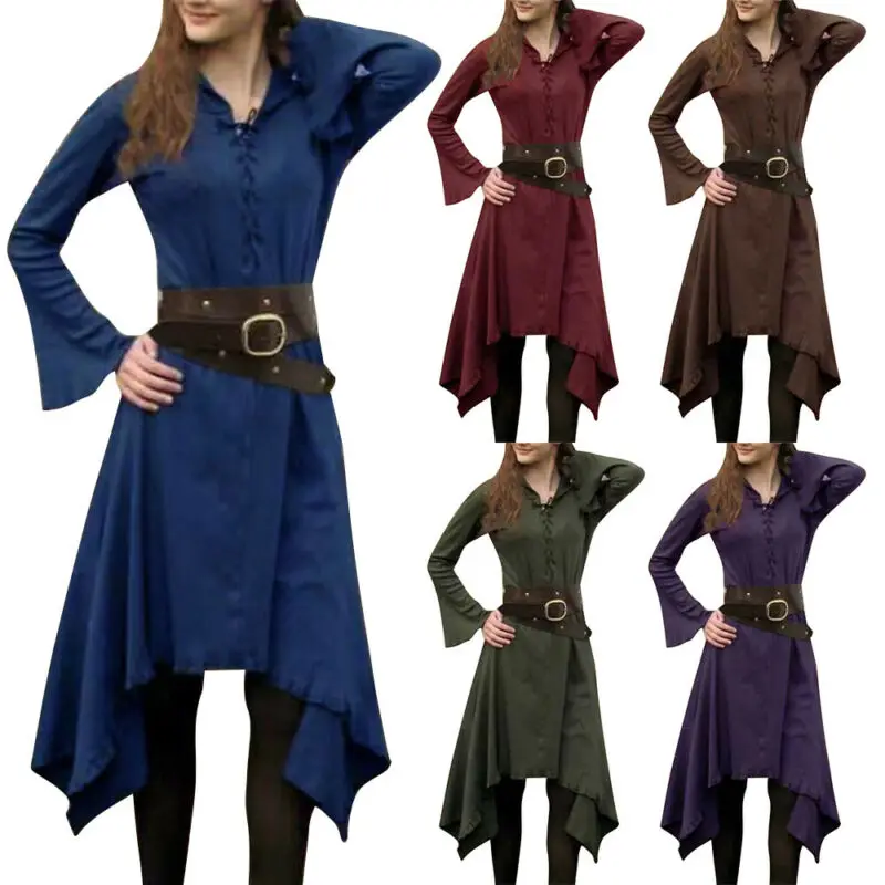 Vintage Renaissance Gothic Costume Medieval Womens Lace Up Long Sleeve Dress Top