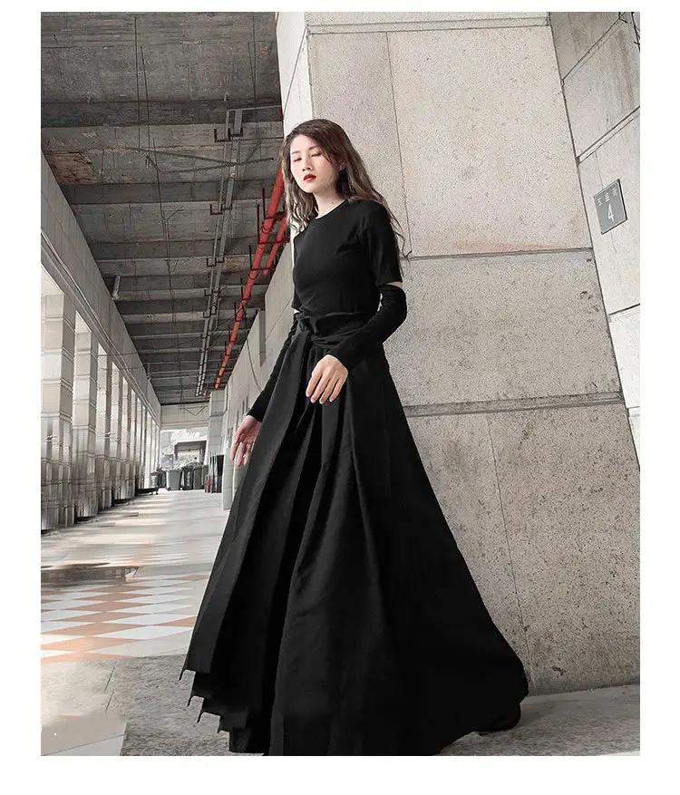 XITAO облегающая плиссированная юбка, зимняя винтажная свободная черная длинная повседневная юбка в пол с высокой талией и бантом DMY1797
