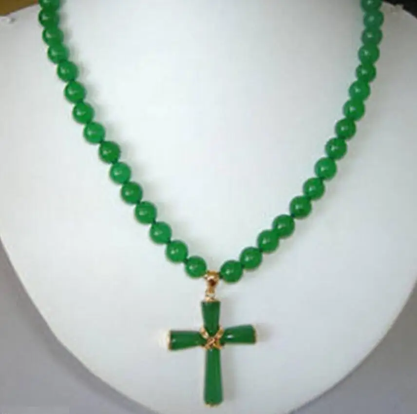 Free Shipping Beautiful Natural 8mm Beads Green Cross Pendant Necklace 18"^^^GP style Fine jewe Noble | Украшения и