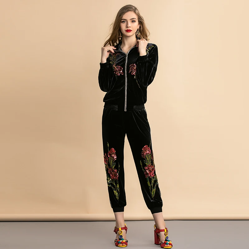 LD LINDA делла осень зима модный подиумный черный костюм женский цветочный расшитый блестками винтажные бархатные брюки комплект из двух предметов