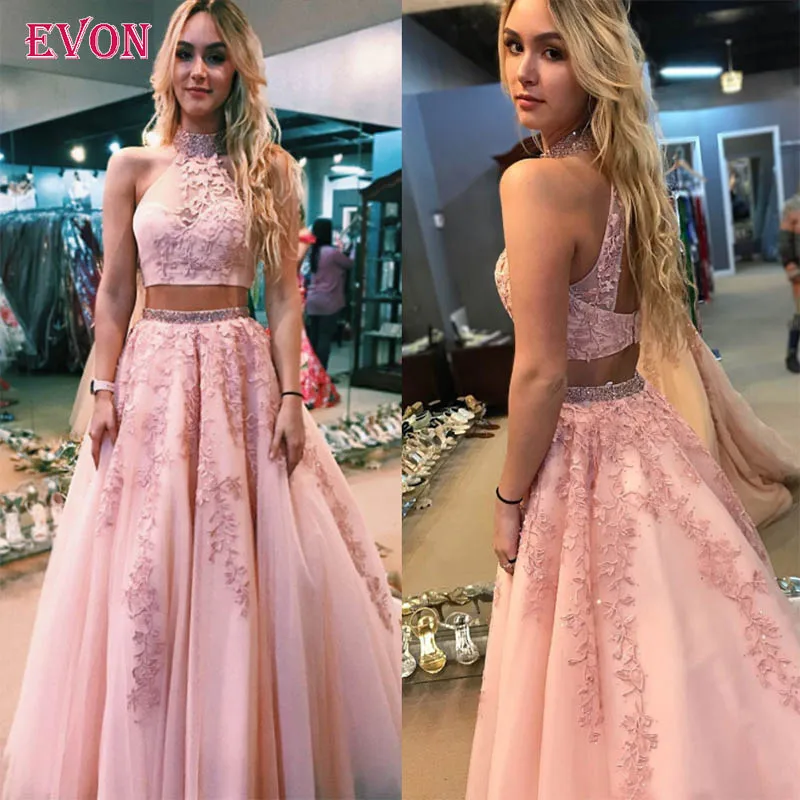 Vestidos De Fiesta Largos Elegantes De gala/розовые платья для выпускного вечера из двух частей длинные кружевные тюлевые вечерние платья - Цвет: picture color