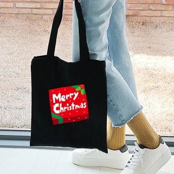 

Merry Christmas Letter Print Ladies Canvas Tote Bag Travel Women Eco Shoulder Shopper Bags High Capacity Christmas Gift Black