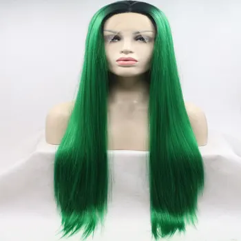 

Ombre Green Silky Straight Hand Tied Synthetic Lace Front Wig Heat Resistant Fiber Middle Part Natural Hairline For Women Wigs
