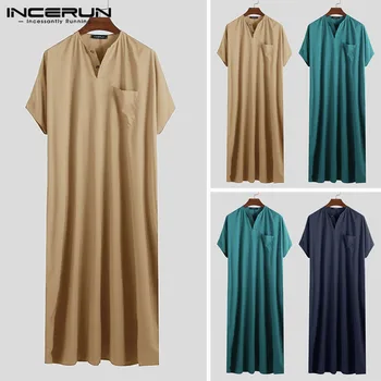 

INCERUN Muslim Style Mens Robe Half Sleeve Pullover Solid Stylish Streetwear Casual Abaya Arab Hombre Lounge Gown Kaftan Dress
