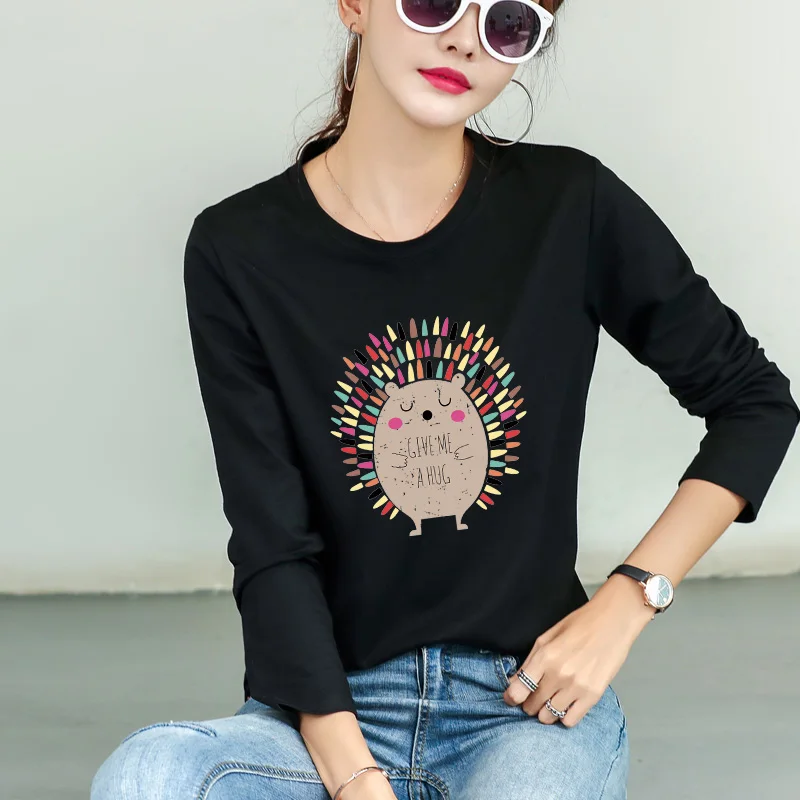 

2019 New Clothes Women GIVE ME AHUG Fashion T-shirts Plus Size Print Round Neck Long Sleeved Casual T-shirt Female Autumn tops