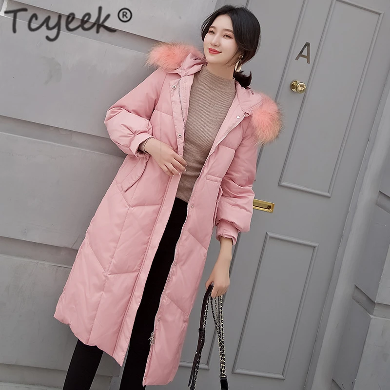 Tcyeek/2019 зимние куртки, модные женские пуховики с натуральным мехом енота, с капюшоном, плотное теплое пуховое пальто, женские Hiver W1281