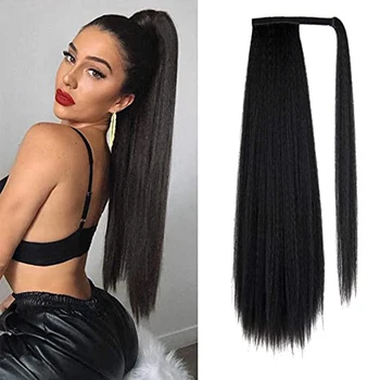 

Black Long Clip in Drawstring Ponytail Extension Wrap Around Long Yaki Straight Pony Tail Hair 28 Inches Synthetic Hairpiece