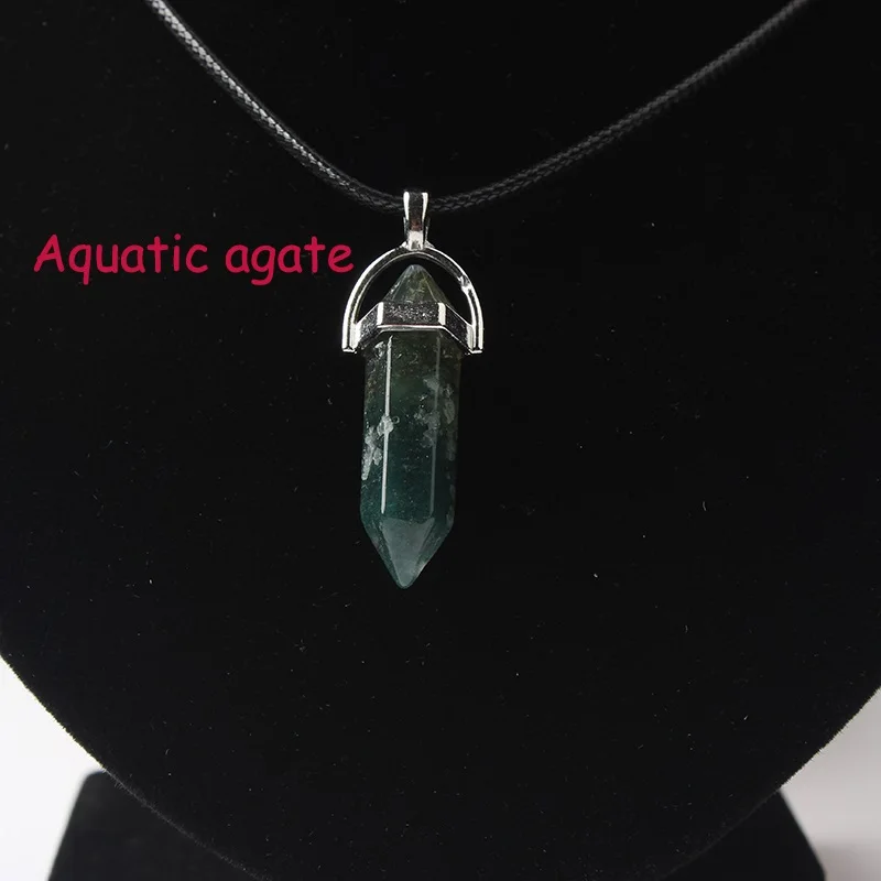 Aquatic agate LanLi, шестиугольная колонна, ожерелье с натуральным кристаллом, подвеска с камнем, кожаные цепи, ожерелье для женщин, модное ювелирное изделие - Окраска металла: Aquatic agate