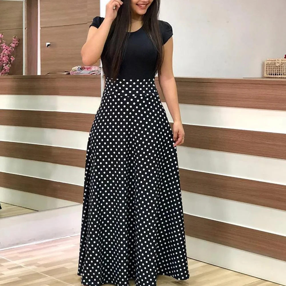 

Fabala Patchwork Casual Crew Neck Printed Maxi Short Sleeve Polka Dot