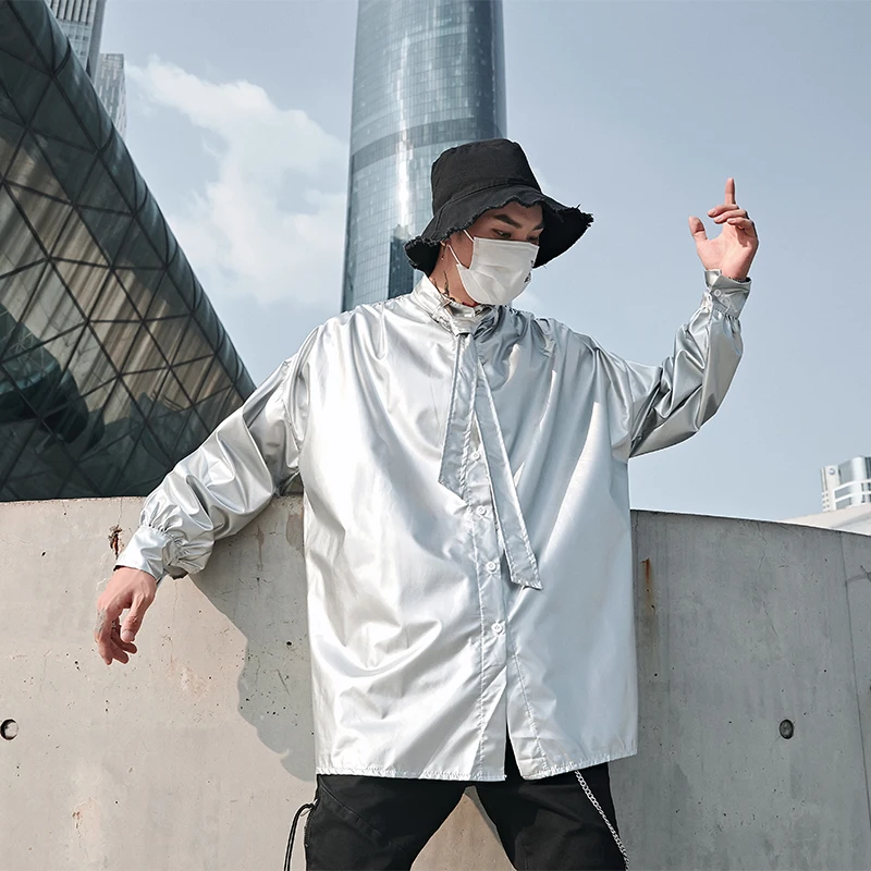 Male Streetwear Hip Hop Party Dress Shirt Coat Stage Costumes Men Long Sleeve Tie Collar Shining Loose Silvery Shirt