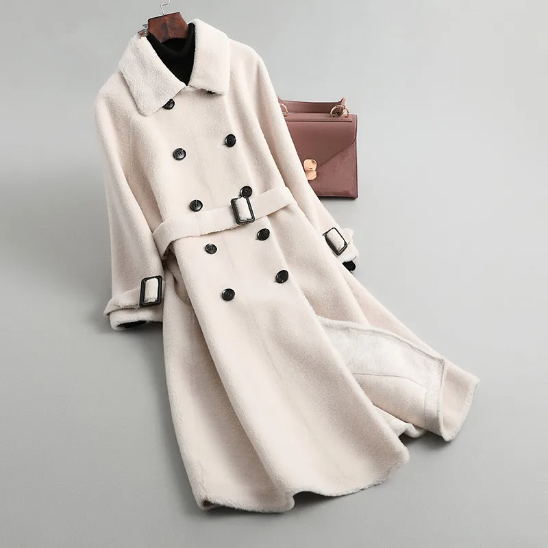 AYUNSUE зимнее пальто женское пальто из натурального меха женская куртка из овечьей шерсти шерстяное пальто женская одежда корейская верхняя одежда MY4403 - Цвет: creamy white