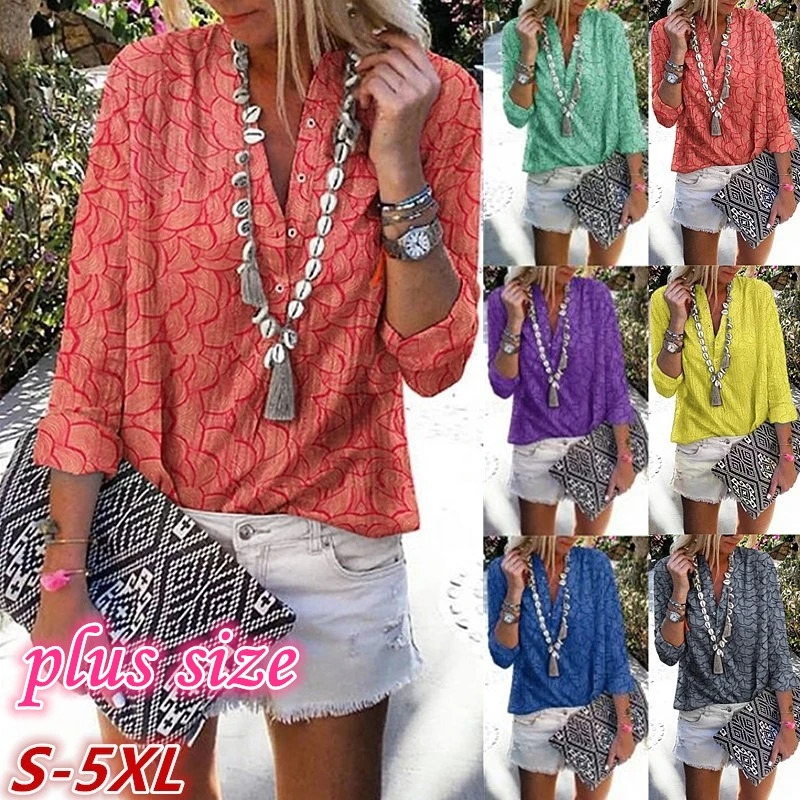 

6 Color V-neck Autumn And Winter Fashion Printed Womens Button Large Size Long-sleeved Shirt Pleated Casual Loose Tops