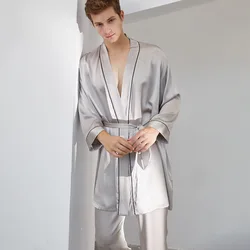 Real Silk Robe 19 Momme Bath Men's Bathrobe Nightgown Casual Kimono Robe Sleepwear Pajama Set with Long Pants Home