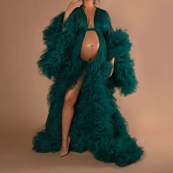 

Sexy Long Sleeves Tiered Puffy Maternity Tulle Robe Dresses For Photo Shoot Pregnant Dress Long Formal Dresses Custom Plue Size