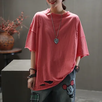 

Harajuku Tees Female 2020 Summer Loose Hole T Shirt Vintage Leisure Short Sleeve Women's Top Pullover Soft Cotton Z2