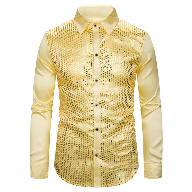 

WENYUJH Gold Sequin Glitter Shirts Men 2019 New Fashion Night Club Silk Satin Camisa Slim Fit Stage Disco Chemise Homme