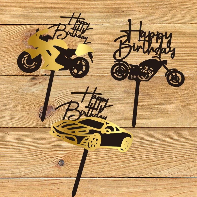 

New Motorbike Happy Birthday Cake Topper Acrylic Gold Car Motorcycle Cupcake Topper for Boys Birthday Party Cake Decorations