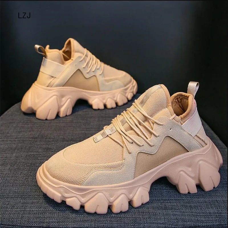 

LZJ 2019 Spring High Platform Boots Women Thick Sole Shoes Leather Wedge Sneakers Waterproof Breathable Casual Shoes 35-39