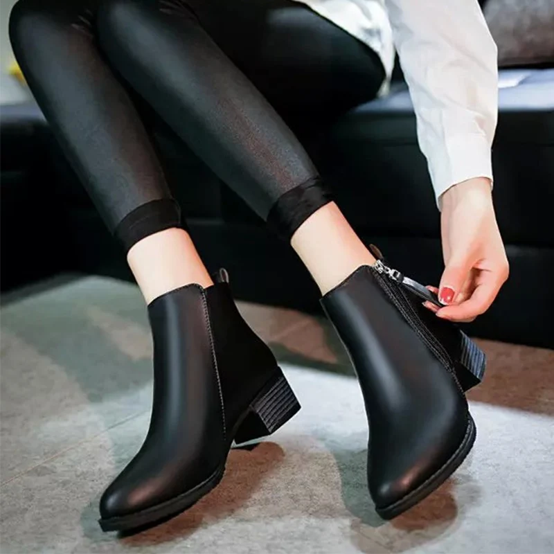 

Autumn New Women Ankle Boots Fashion Warm Leather Side Zipper Pointed Toe Square Thick High Heel Female Ladies Shoes 2019