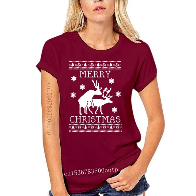 New 2021 Cotton Reindeer Humping Ugly Christmas Sweater T-Shirt Merry Xmas Party Present Gift Short-Sleeve T-Shirt red