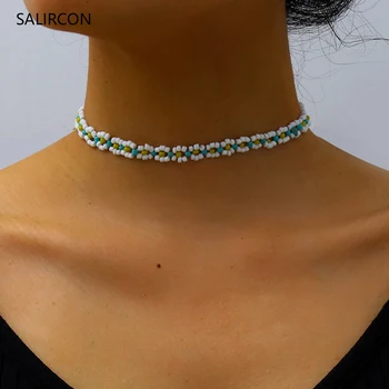 

Salircon Korean Seed Beads Flower Choker Necklaces Colorful Clavicle Chain Collares Fashion Short Necklace For Women Jewelry