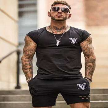 

Muscle brother sports men's short-sleeved t-shirt male round neck creative tide brand bat sleeve T-shirt fitness clothes