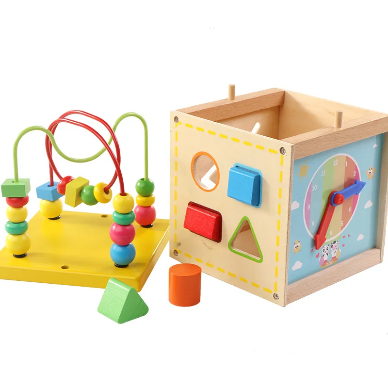 

[Cloud Commercial Union] Wooden Children Baby Educational Toy Multi-functional Bead-stringing Toy Treasure Chest Baby Clock Reco