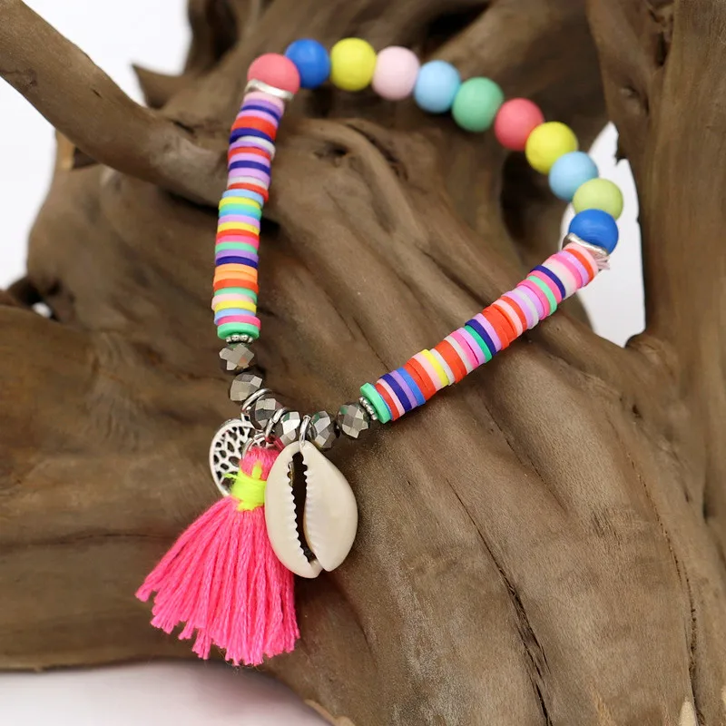 Женский браслет, аксессуары, разноцветный бисер, boho, пара браслетов, деревянные бусины, Fimo Shell, кристалл, ювелирное изделие, очаровательный браслет