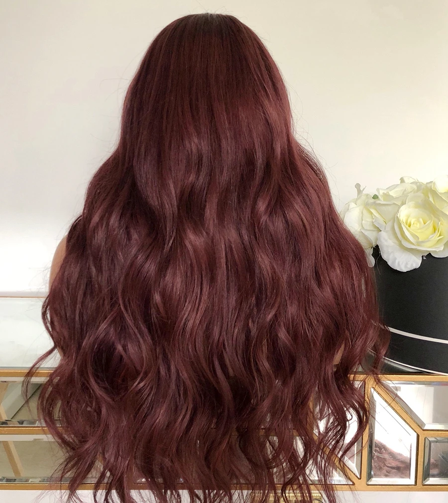26 дюймов, 180 плотность красного вина, волнистые человеческие волосы, глубокая часть, парики на кружеве для женщин, объемная волна, предварительно выщипанные волосы, полные парики на шнурке