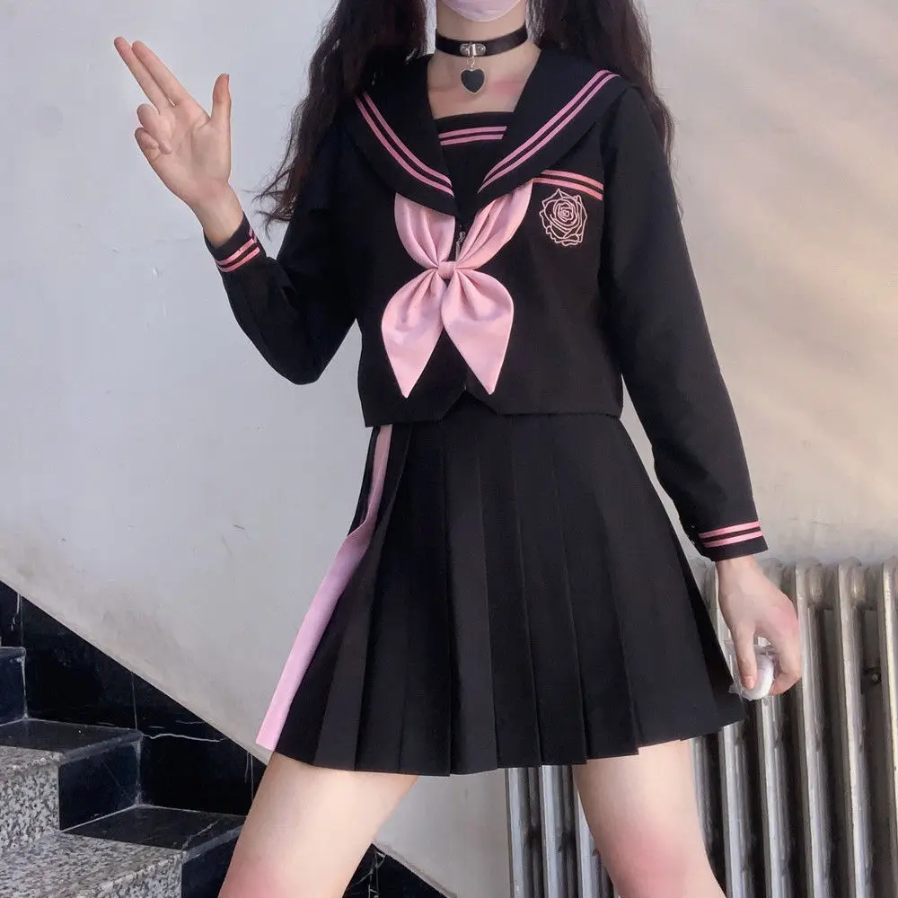 [devil\'s Tenderness] Diablo Jk Sailor Uniform Sets School Uniforms For Girls Embroidered Student Suit Long Sleeve Black Pink XL