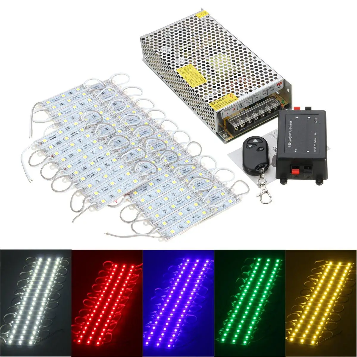

50PCS LED Module 3 LED 5 Colors SMD5050 LED Module Store Strip Light Front Window Lamp + Power Supply + Remote DC12V