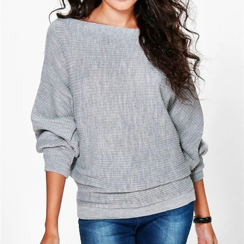 

Lady Autumn Winter Sweatershirt Batwing Long Sleeve Knitted Sweatershirt Solid Color O-Neck Bottoming Pullover