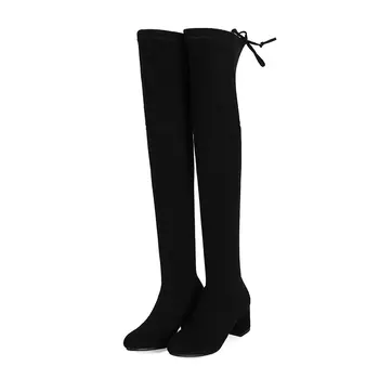 

2020 New Flock Round Toe Fashion Over The Knee High Boots Autumn Winter Square High Heel Elegant Women Shoes Size 34-43