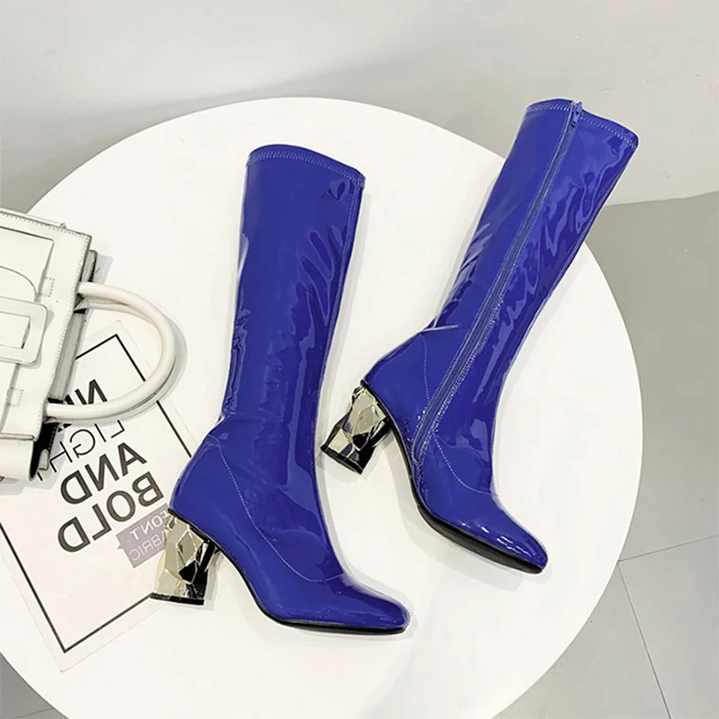

MONMOIRA Strange Metal Heel Thigh High Boots Women Patent Leather Knee Boots Women Designer Winter Shoes Women SWE0669
