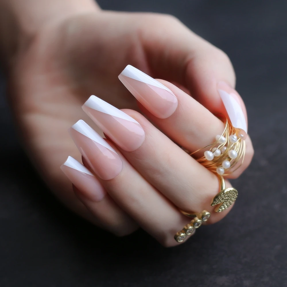 Super Long Nude French Line Tips Shiny Stiletto Fake Nails Medium Almond Art Nails Pink Coffin Salon French Glossy False Nails False Nails Aliexpress
