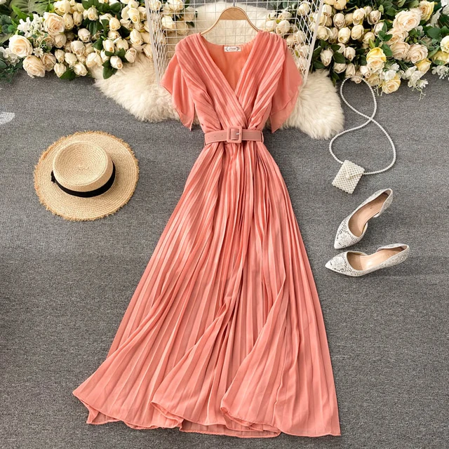 Summer Woman Girl Fashion Chiffon Ruffles Girdle Dresses V Neck Dresses  With Sashes Lady Beach Long Dresses Women's Slim Dress - Dresses -  AliExpress