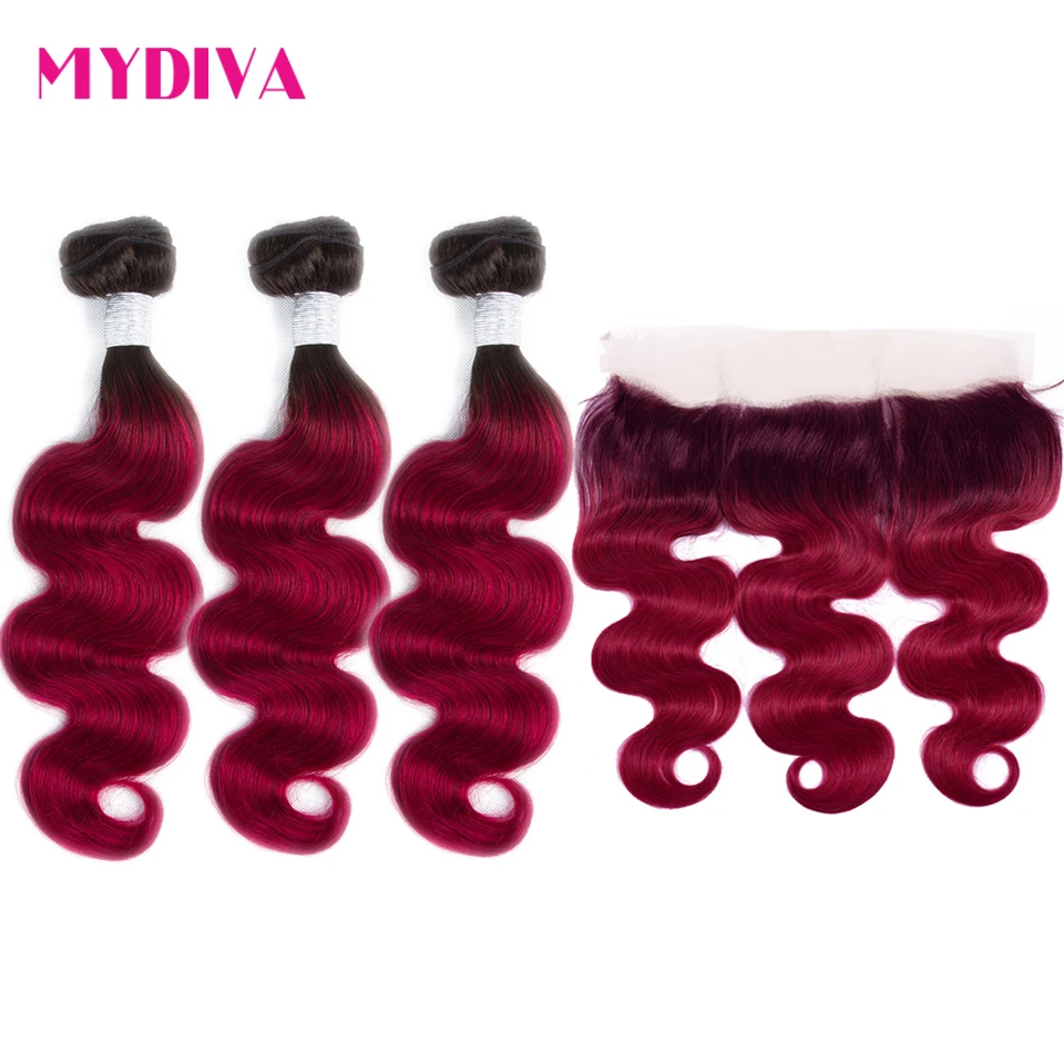 

1B/Burgundy Ombre Body Wave Bundles With Frontal Closure 2 Tone Non Remy Brazilian Hair Weave Colored 3 Bundles With Frontal