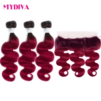 

1B/Burgundy Ombre Body Wave Bundles With Frontal Closure 2 Tone Non Remy Brazilian Hair Weave Colored 3 Bundles With Frontal