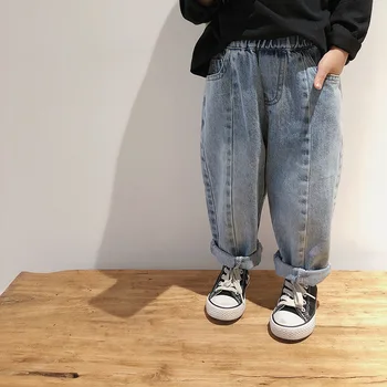 

3346 Children's Splicing Loose Casual Radish Jeans Korean Boys' And Girls' Unisex Straight Tube Pants 2020 Spring