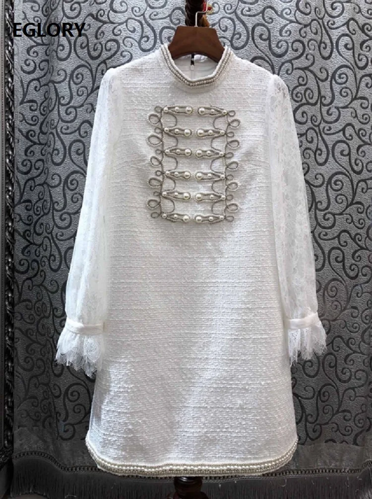 

High Quality Wool Dress 2019 Autumn Winter Style Women Stand Neck Hand Made Beading Lace Patchwork Long Sleeve Vintage Dress