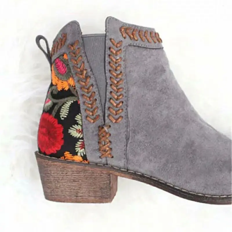 Houlife Fashion Warm Autumn Winter Women Ankle Boot Embroidery Flower Suede Platform Slip On Female Short Shoes Flats Plus Size