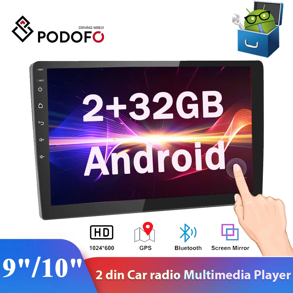 Автомобильный мультимедийный плеер Podofo 2DIN 9/10 дюймов Android 2 + 32 ГБ GPS Bluetooth Mirrorlink